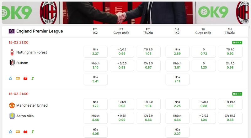 Bảng Tỷ Lệ Kèo Bóng Đá OK9 Trực Tiếp Hôm Nay